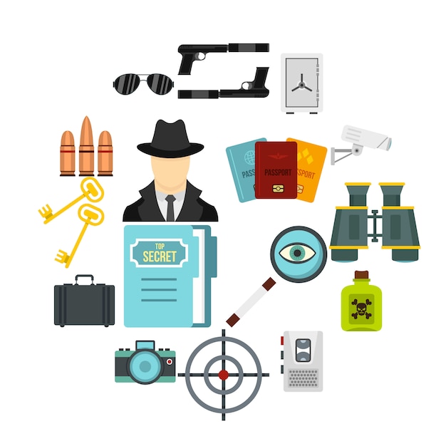 Spy tools set flat icons