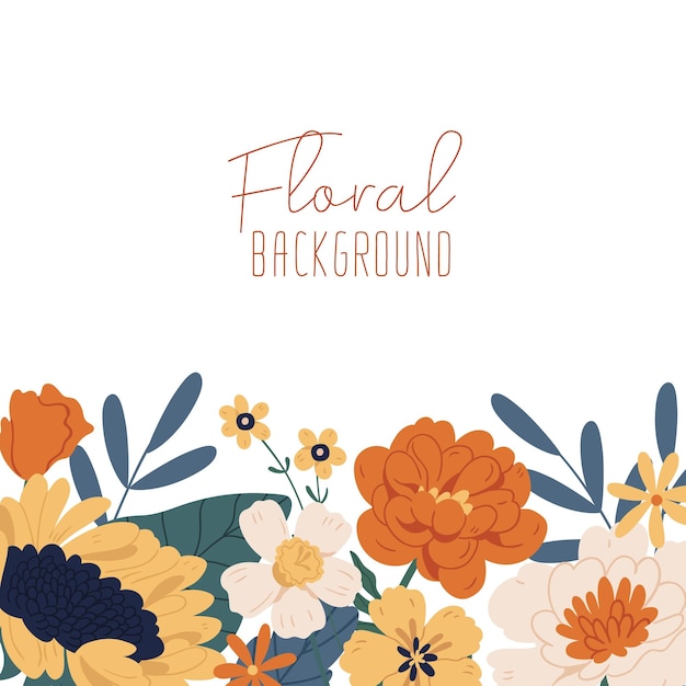 Square backdrop with border of blooming autumn flowers and leaves. Fall floral plants isolated on white background. Colorful flat vector illustration with place for text.