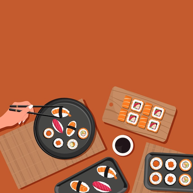 Vector square background design with a girl eating japanese food rolls ramen soup for social media