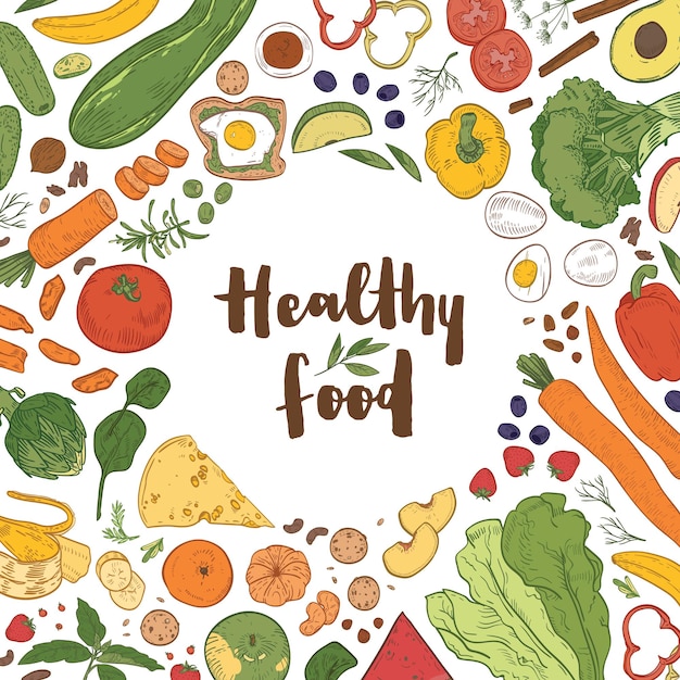 Square background with frame consisted of various healthy food