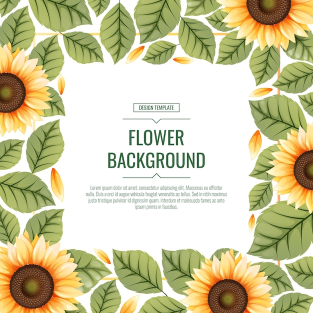 Square background with sunflowers Floral frame with yellow flowers and green leaves Banner poster flyer postcard Summer illustration