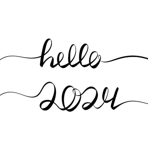 Vector square banner hello 2024 handwriting one line continuous lettering illustration