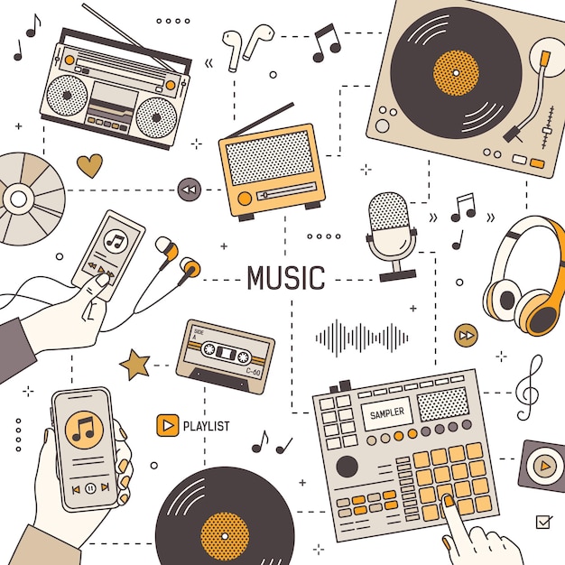 Square banner template with hands and devices for music playing, recording and listening - radio receiver, boombox, player, microphone, headphones, turntable. Vector illustration in linear style.