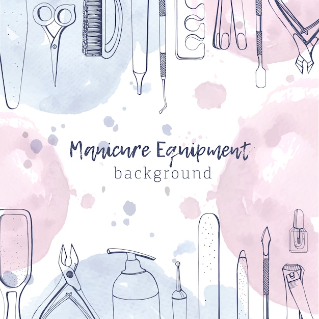 Square banner with different manicure tools drawn with contour lines and pastel colored watercolor paint blots. Background with equipment for nail art at top and bottom edges. illustration.