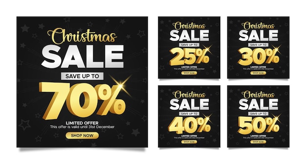 Square black and golden christmas sale discount banners set for instagram post web and social media