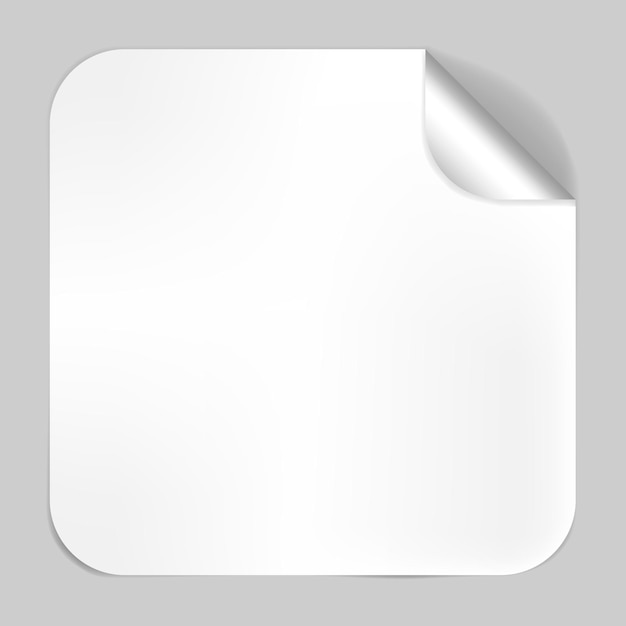 Square blank white sticker with peeled off corner vector mockup. Foil or paper label template