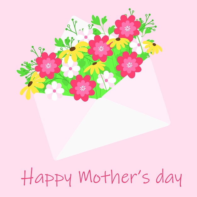 Square card for Mother's Day. Square banner with spring flower's bouquet in envelope. Vector