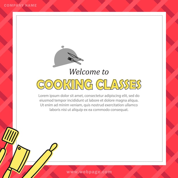 Square card with text - welcome to cooking classes. Vector banner with invitation to culinary course