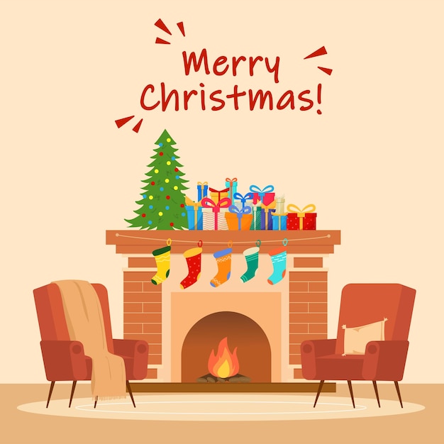 Square Christmas card view living room with fire space with Christmas tree and gift present and sock