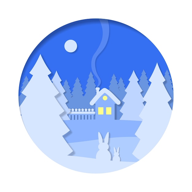 Square Christmas vector winter background with house, trees, moon, forest, snow in the style of paper art