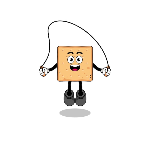 Square cracker mascot cartoon is playing skipping rope