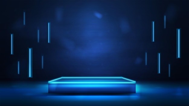 Square dark podium for product presentation with line flying lamps around, 3d realistic vector illustration. Blue and dark digital scene