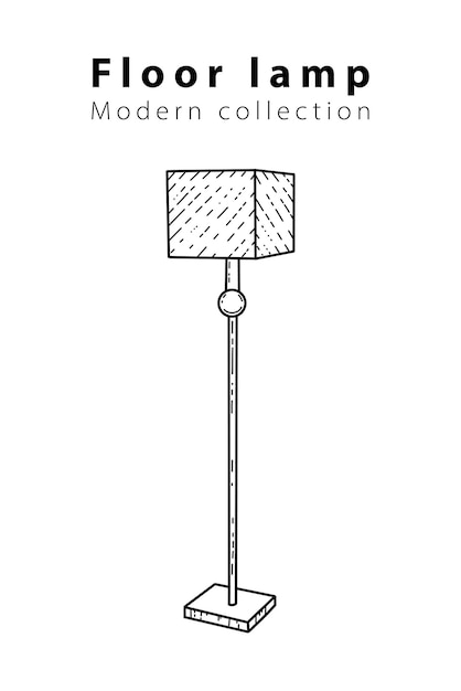 Square floor lamp on three legs for the living room, hand-drawn in different sizes and types, doodle