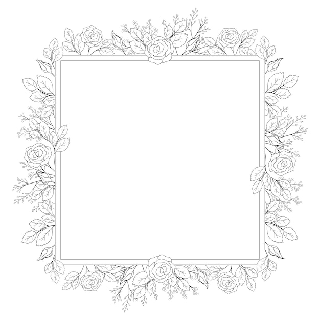 Square flower frame with roses line coloring