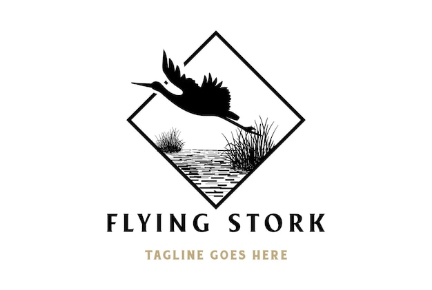 Square Flying Stork Heron Silhouette Bird with Grass River Creek Lake Swamp Logo Design Vector