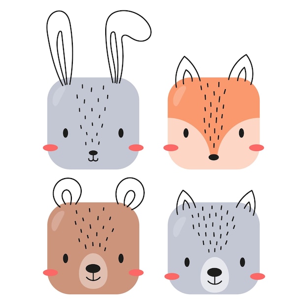 Square forest animal cartoon face Set cute icons Hare fox bear wolf Vector illustration