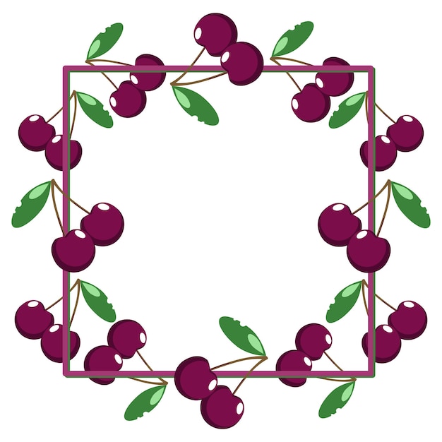 Square frame bright burgundy juicy cherry berries with leaves copy space vector cartoon