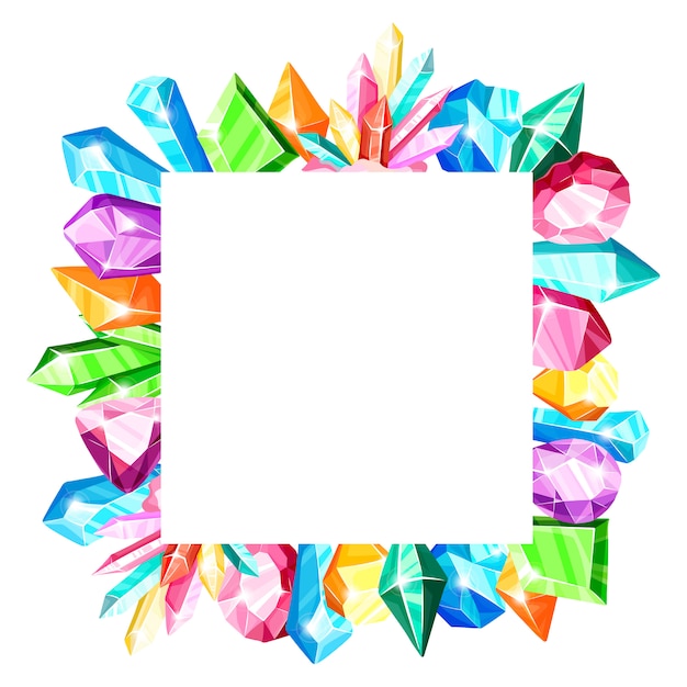 Square frame: colorful rainbow crystals or blue, golden, green, pink, violet gems, isolated on white background