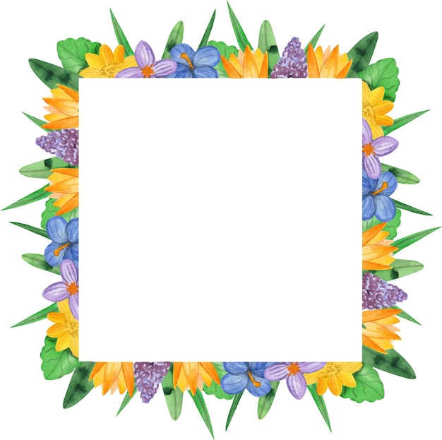 A square frame of delicate spring flowers painted in watercolor