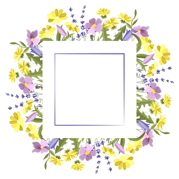 A square frame made of meadow flowers An empty space for the text Postcard