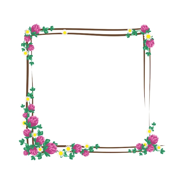 Square frame of pink clover flowers and white daisies and branches Wreath plant with shamrock leaves