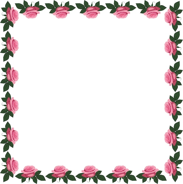 square frame of pink rose buds with green leaves