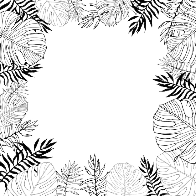 Square frame with tropical jungle leaves hand drawn black and white