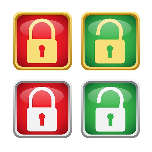 Square gold and silver lock unlock glossy icon button vector set