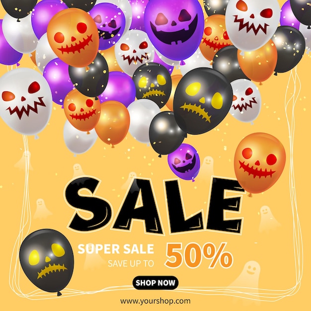 Square halloween sale poster with funny face balloons