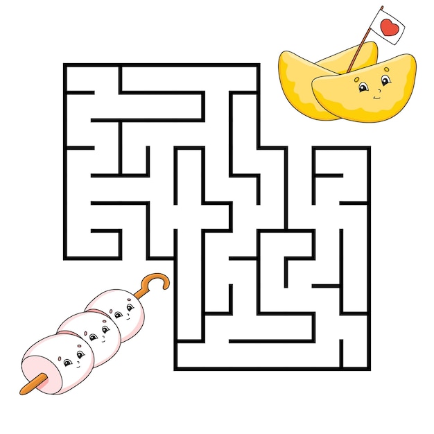 Square maze Game for kids Puzzle for children Labyrinth conundrum Color vector illustration Barbecue theme