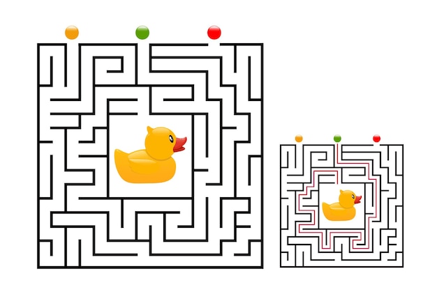 Square maze labyrinth game for kids with rubber duck. Labyrinth logic conundrum. Three entrance and one right way to go.