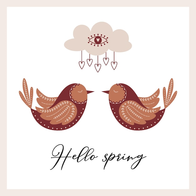 A square postcard with birds in Scandinavian style and a mystical cloud with an open eye symbol and hearts Hello spring A card with boho elements Color vector illustration on a white background