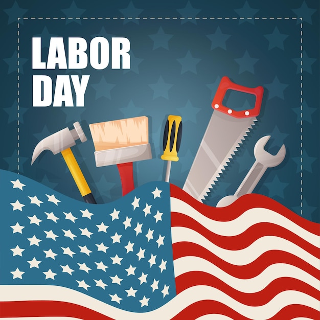 Square poster blue happy labor day banner with American flag and building tools