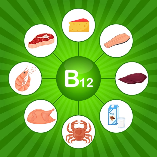 A square poster with food products containing vitamin B12 Cobalamin Medicine diet healthy eating infographics Flat cartoon food elements on a bright green background with sunbeam