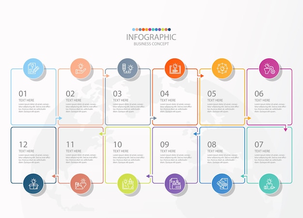 Square shape infographic with 12 steps, process or options, process chart, Used for process diagram, presentations, workflow layout, flow chart, infograph. Vector eps10 illustration.