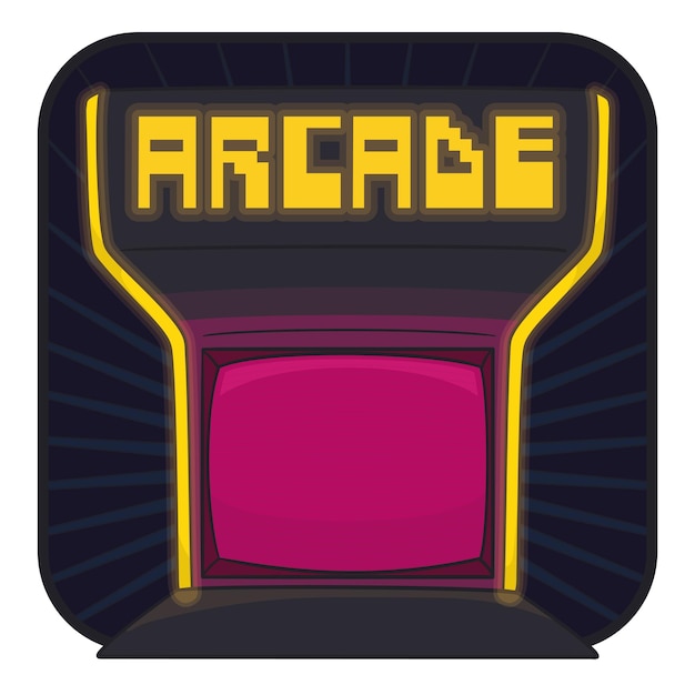 Square shaped button with arcade case with screen and pixel typography promoting video games