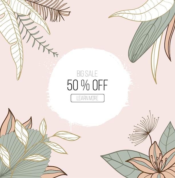 Square trendy abstract art templates with floral and exotic leaves