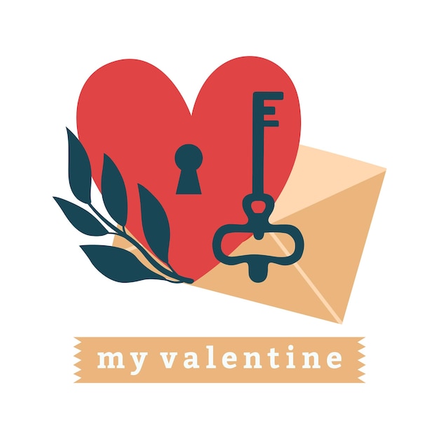 Square Valentine's Day card with cute illustration of love letter, envelope, key, plant.