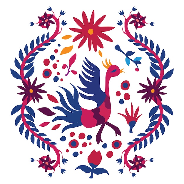 Square vector illustration with birds and flowers inspired by traditional Mexican Otomi embroidery