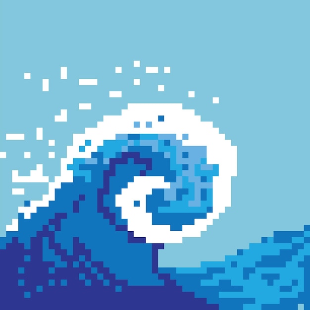 Square vector illustration with the ocean wave Pixel art style