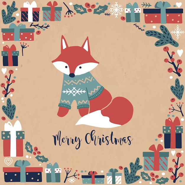 Square Vintage Christmas postcard with a fox gifft boxes and the inscription MERRY CHRISTMAS