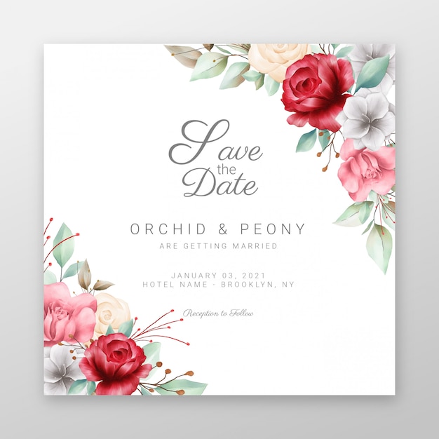 Square wedding invitation cards with beautiful flowers border