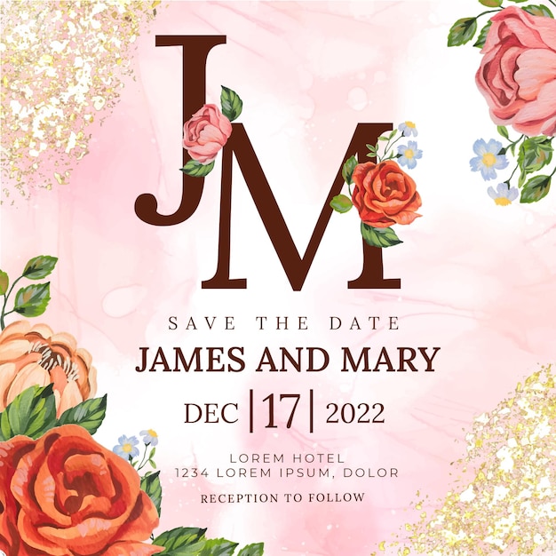 Square wedding invitation template with watercolor flower and alcohol ink in background