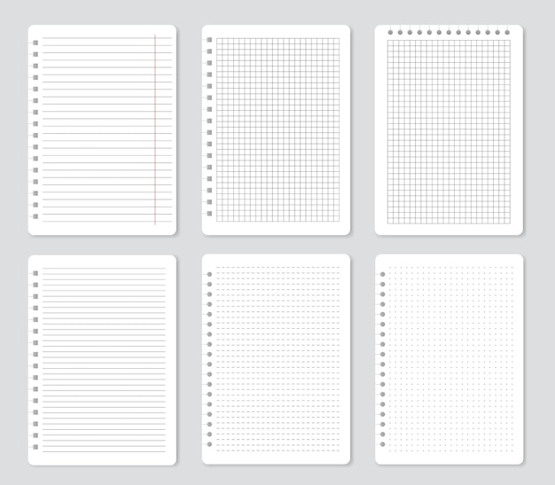 Squared notebook pages, lined paper sheets, notepaper. School notepad with lines or dots, blank memo papers, notebooks sheet vector set