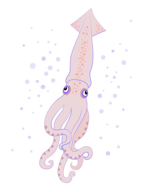 Vector squid character light beige pink surrounded by bubbles