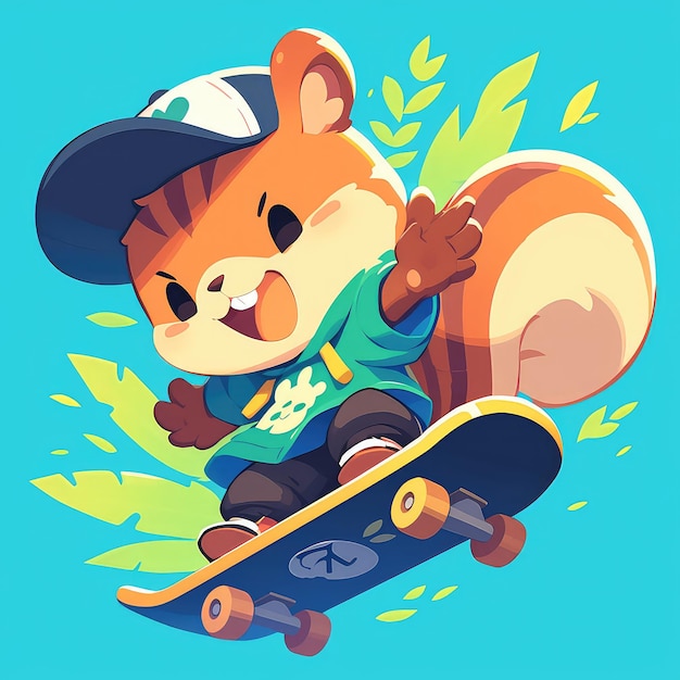 A squirrel riding a skateboard cartoon style