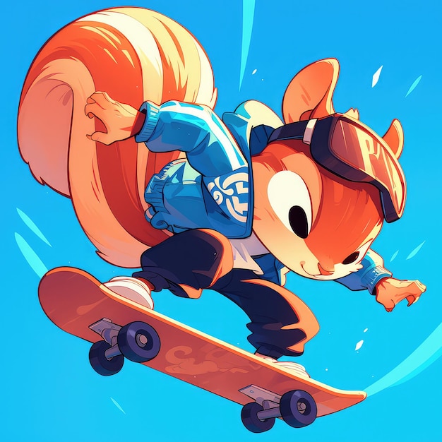 A squirrel riding a skateboard cartoon style