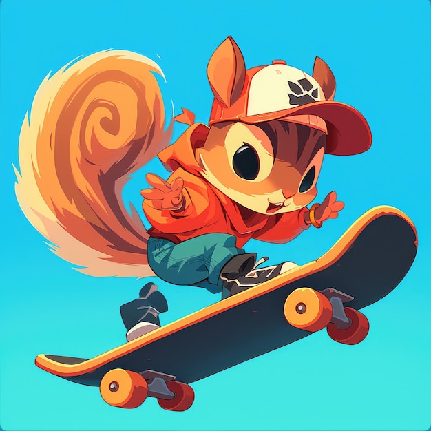 A squirrel riding a skateboard cartoon style