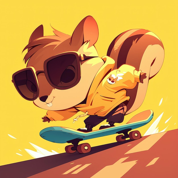 A squirrel riding a skateboard cartoon style