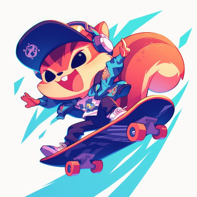 A squirrel riding a skateboard cartoon style